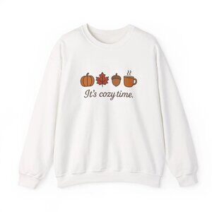Cozy Autumn Vibes Fall Sweatshirt, Unisex Crewneck, Pumpkin & Maple Leaf Design